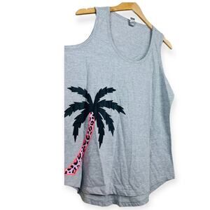 INSTANT MESSAGE Womens Gray Palm Tree Pink Leopard Print Tank Top PLUS 1X NWOT